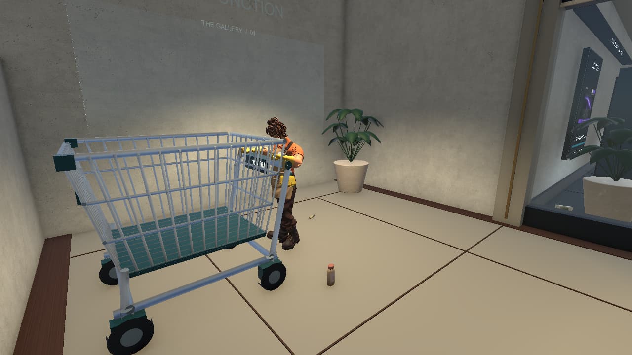 Dana at the shopping-cart handle in a version 0.27 interaction study, with the cart and hand positions shown from the side.