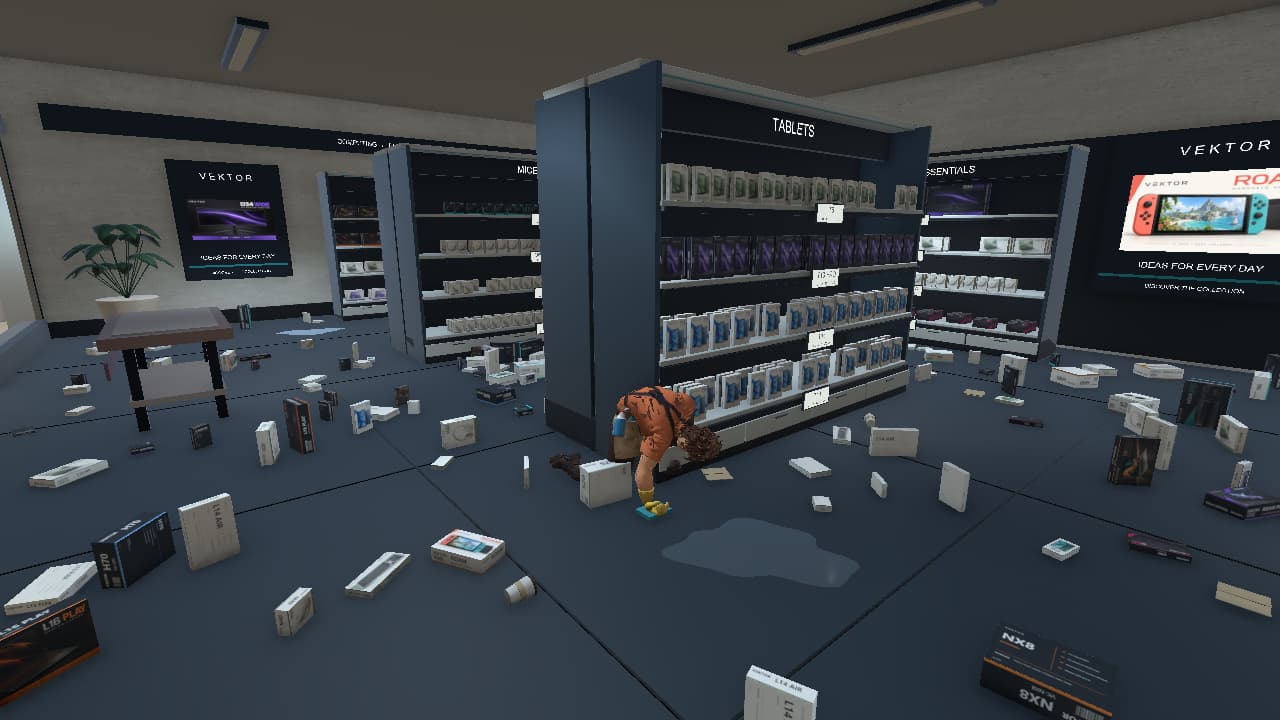 Dana kneels and wipes the floor with a cloth beside the Vektor shelves in a version 0.27 interaction study.