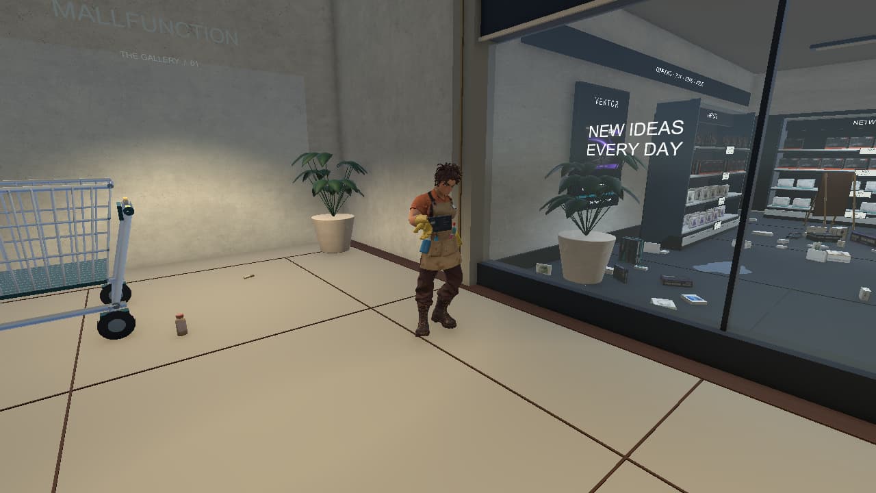 Dana carries a small item in one hand by the Vektor entrance in a version 0.28 development capture.