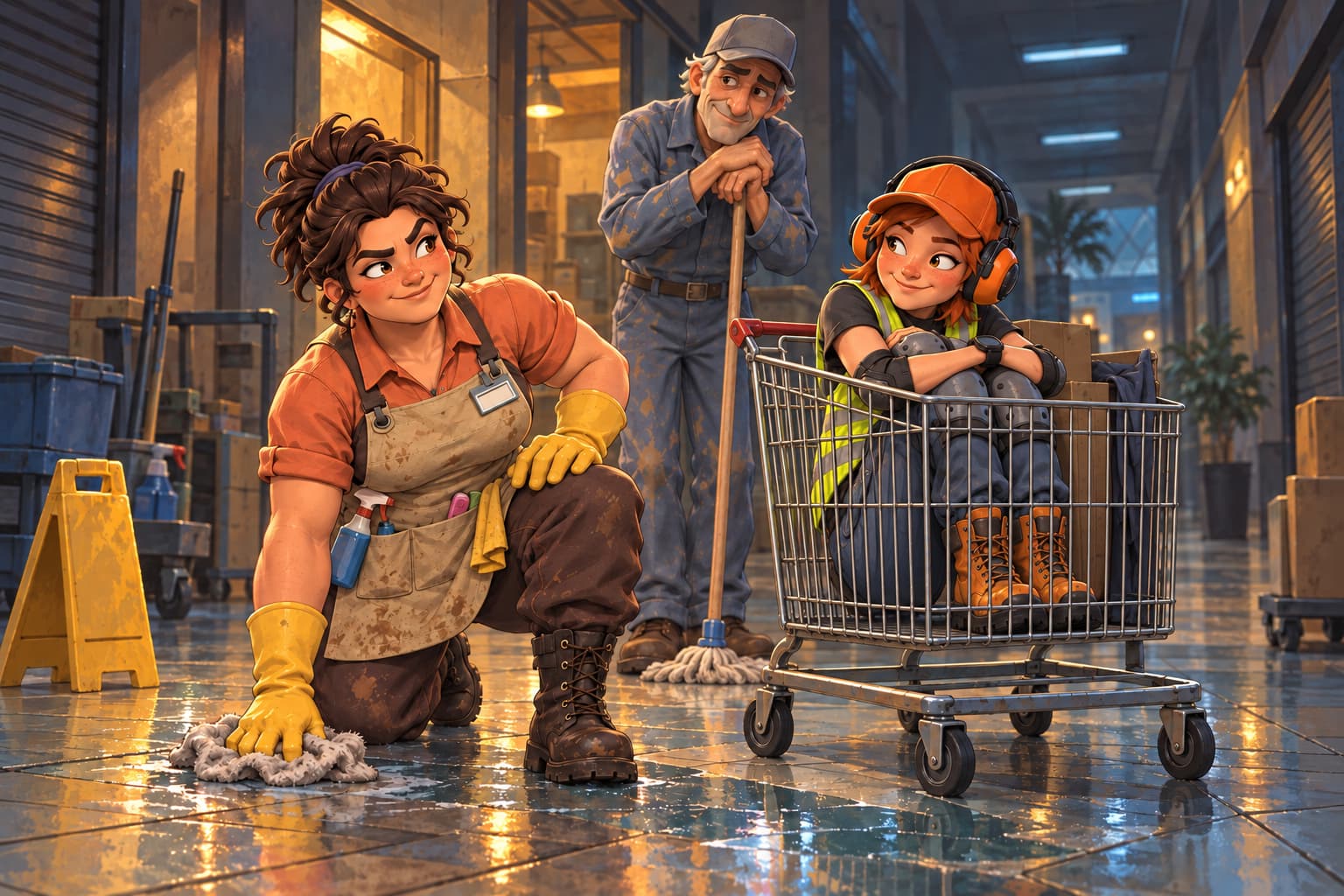 Dana wipes a puddle with a cloth while Lex sits with knees tucked inside a cart and Joe watches, leaning on his mop. Concept art.