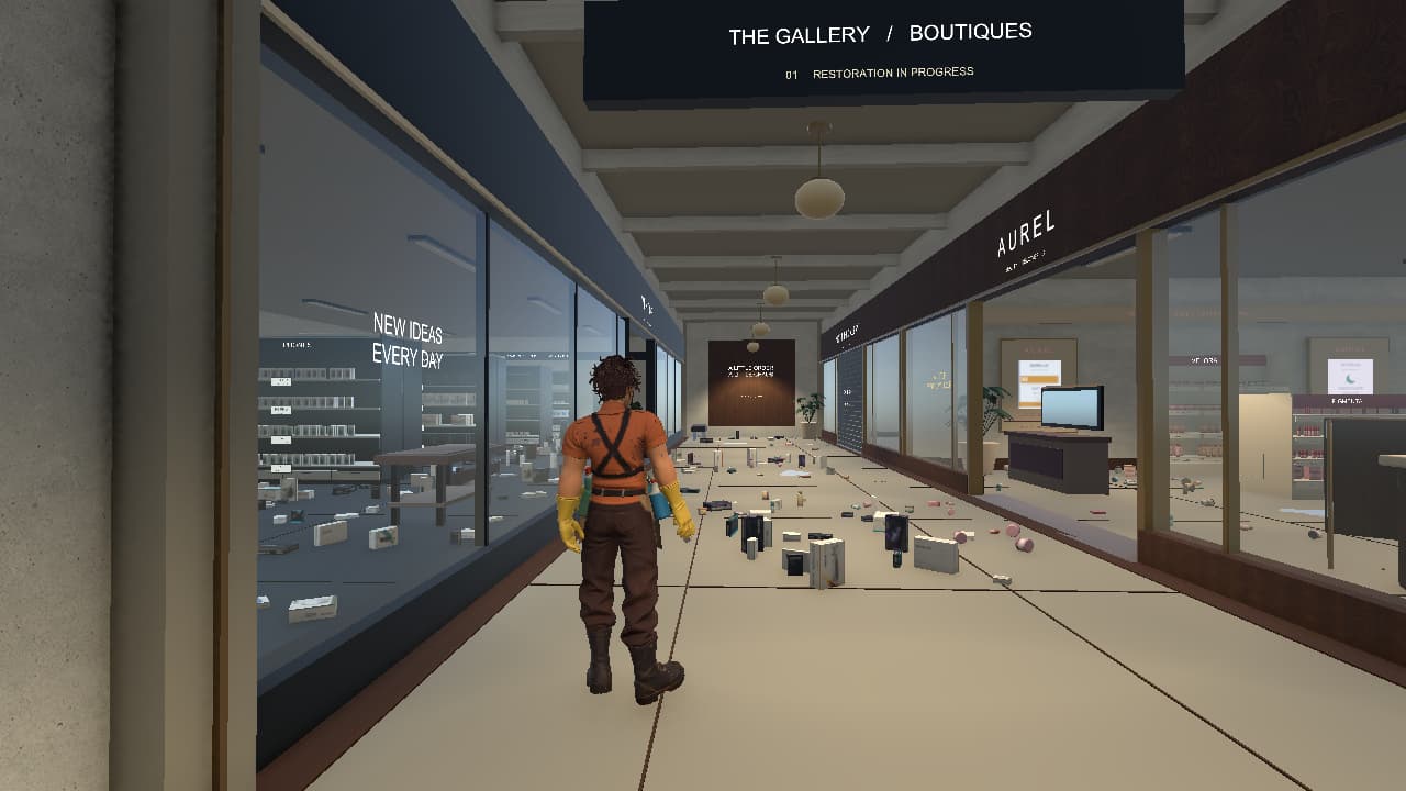 Dana in the third-person camera of development version 0.26, in the cluttered corridor between Vektor and Aurel.