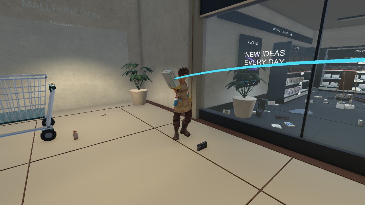Dana prepares to throw a box in a version 0.28 development capture, with the turquoise trajectory guide visible.