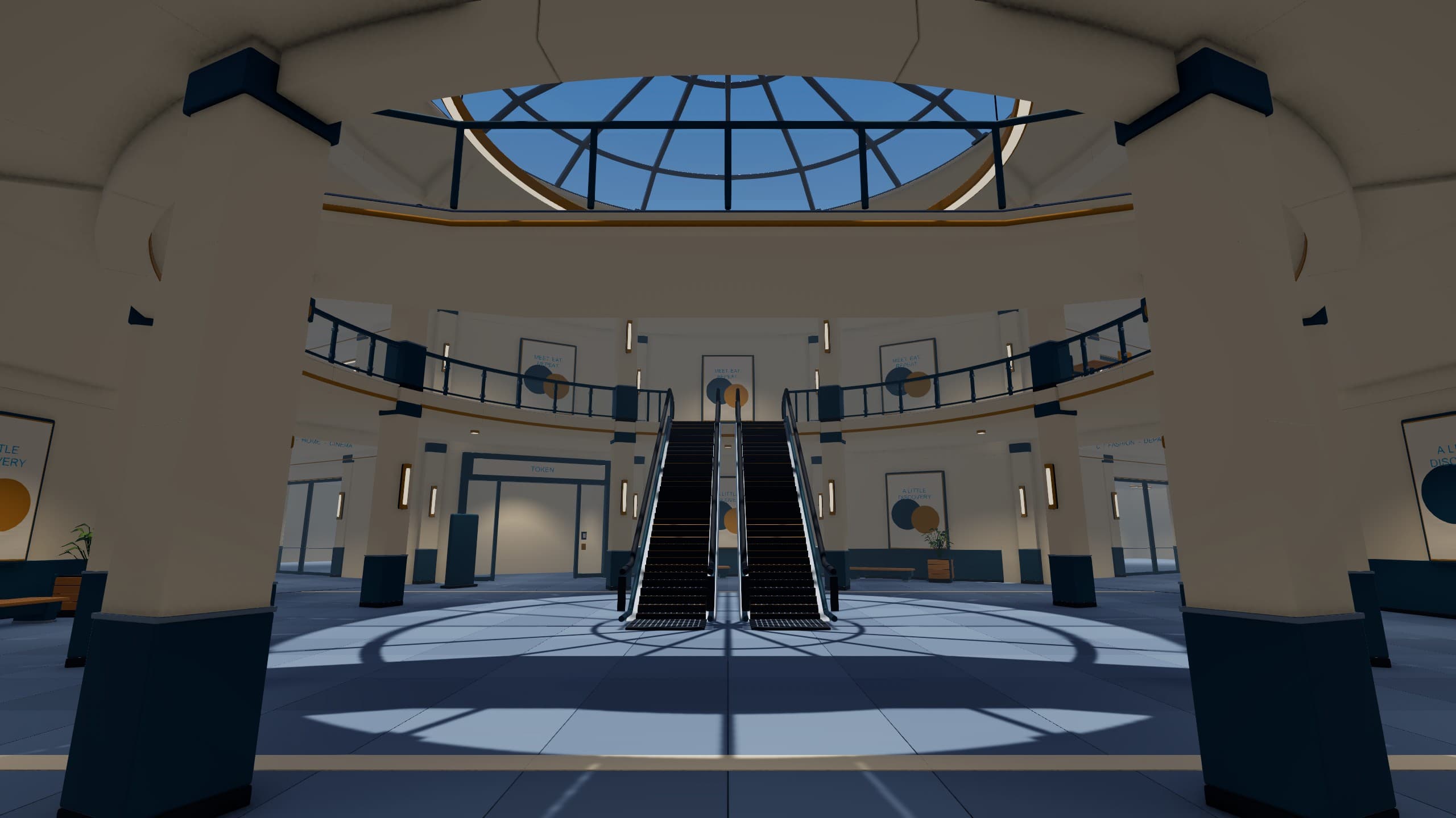 Mallfunction v0.29.0 oyun görüntüsü: krem kolonlar, petrol mavisi korkuluklar, cam kubbe ve yürüyen merdivenlerle iki katlı atrium.