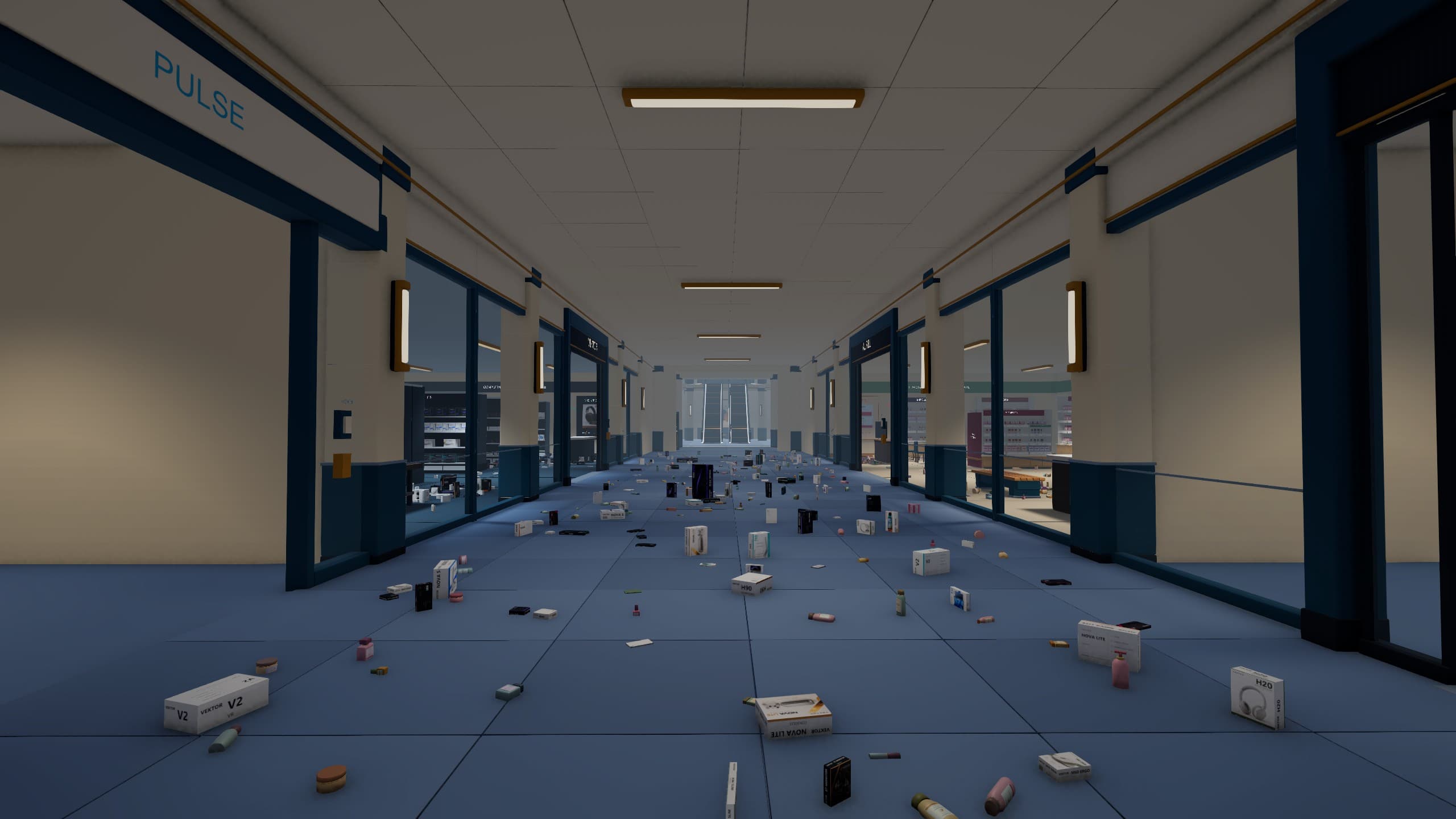 Mallfunction v0.29.0 oyun görüntüsü: ana giriş koridorunda cam vitrinler, mağaza cepheleri ve dağılmış ürünler.