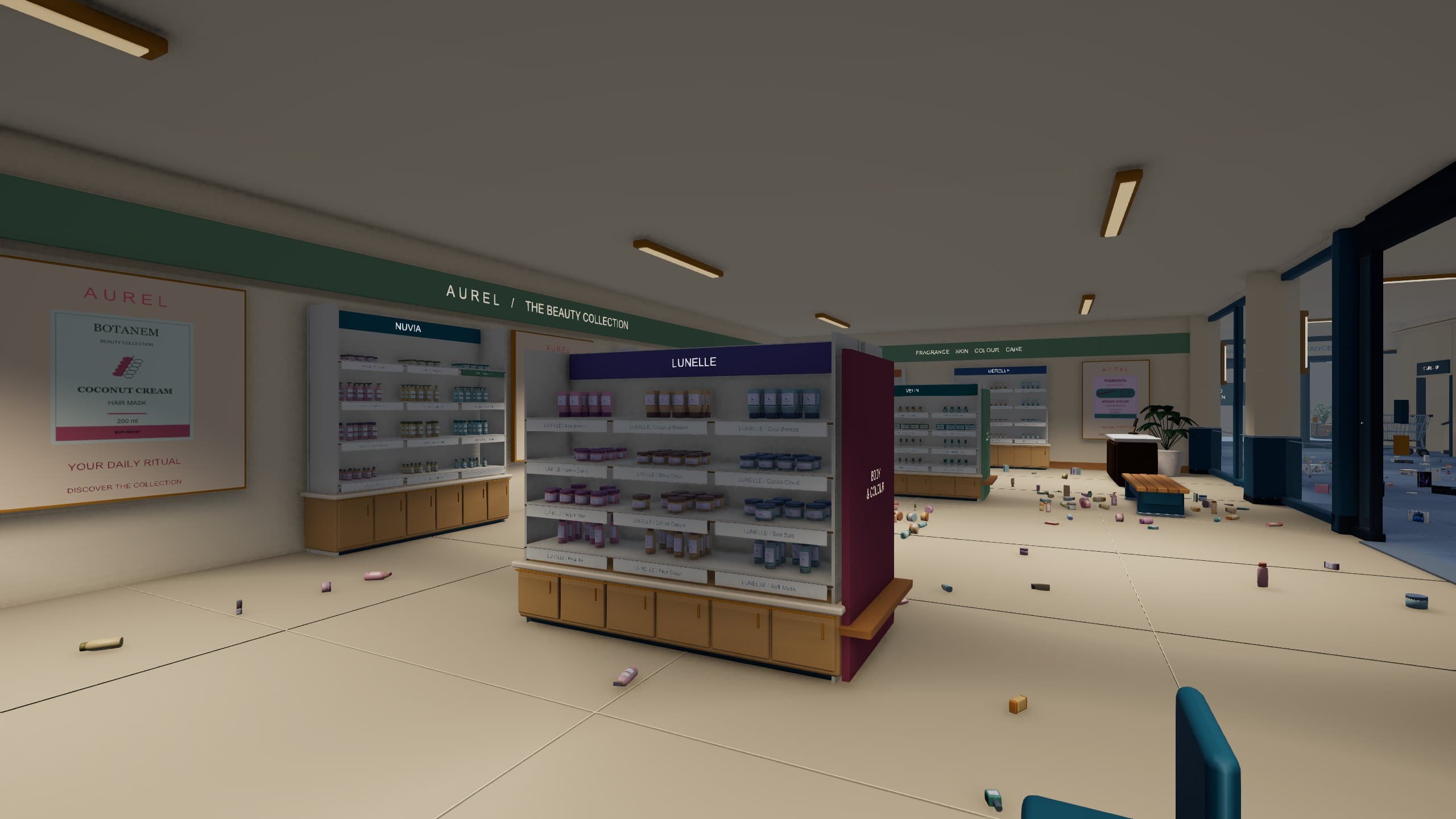 Mallfunction v0.29.0 oyun görüntüsü: AUREL kozmetik mağazasında alt dolaplı raflar, marka panoları ve ürünler.
