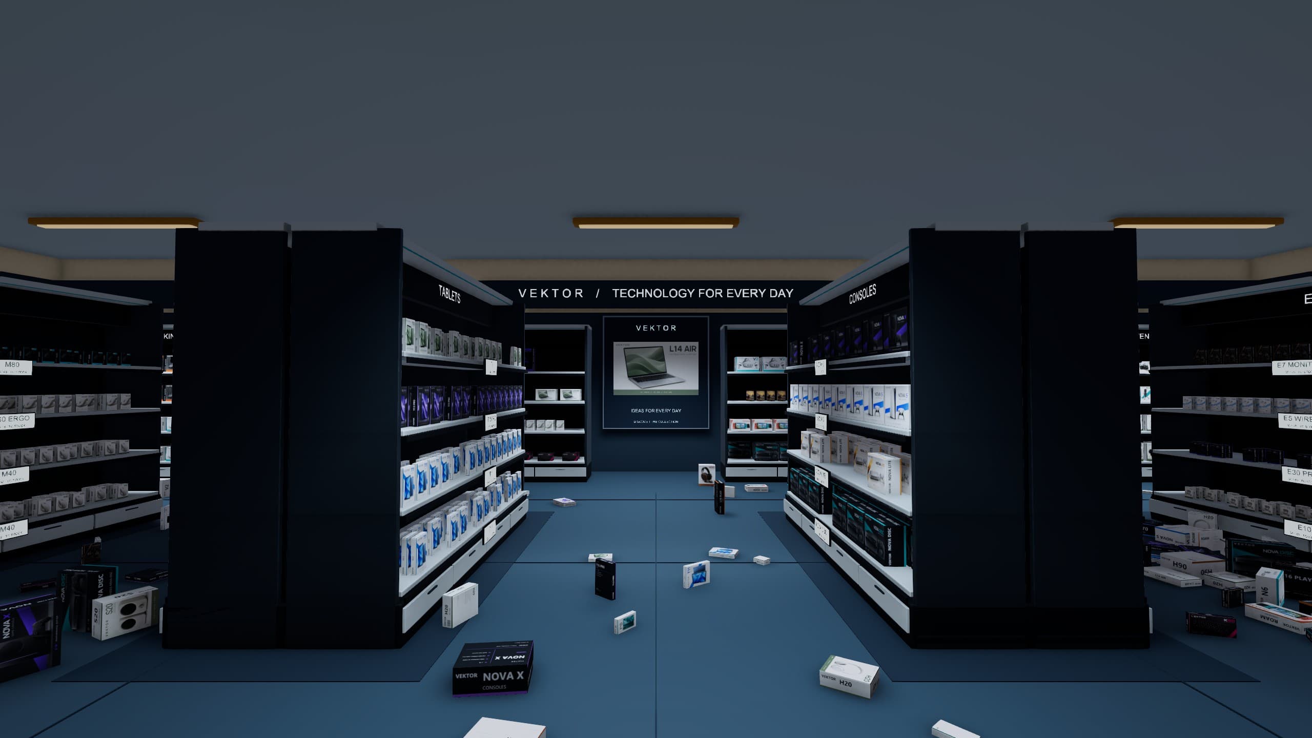 Mallfunction v0.29.0 oyun görüntüsü: VEKTOR elektronik mağazasında kategori adaları, koyu raflar ve kampanya panoları.