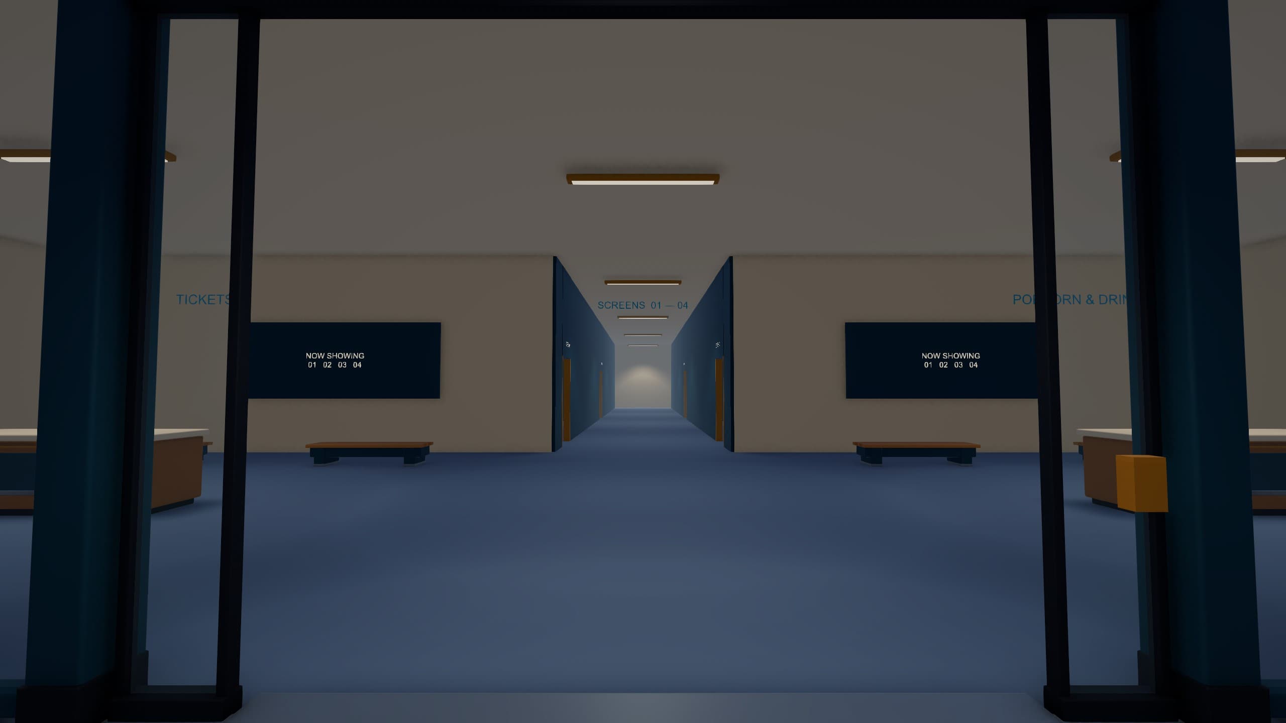 Mallfunction v0.29.0 oyun görüntüsü: LUMI CINEMA üst kat girişindeki dinlenme alanı, bilet alanı ve salon koridoru.