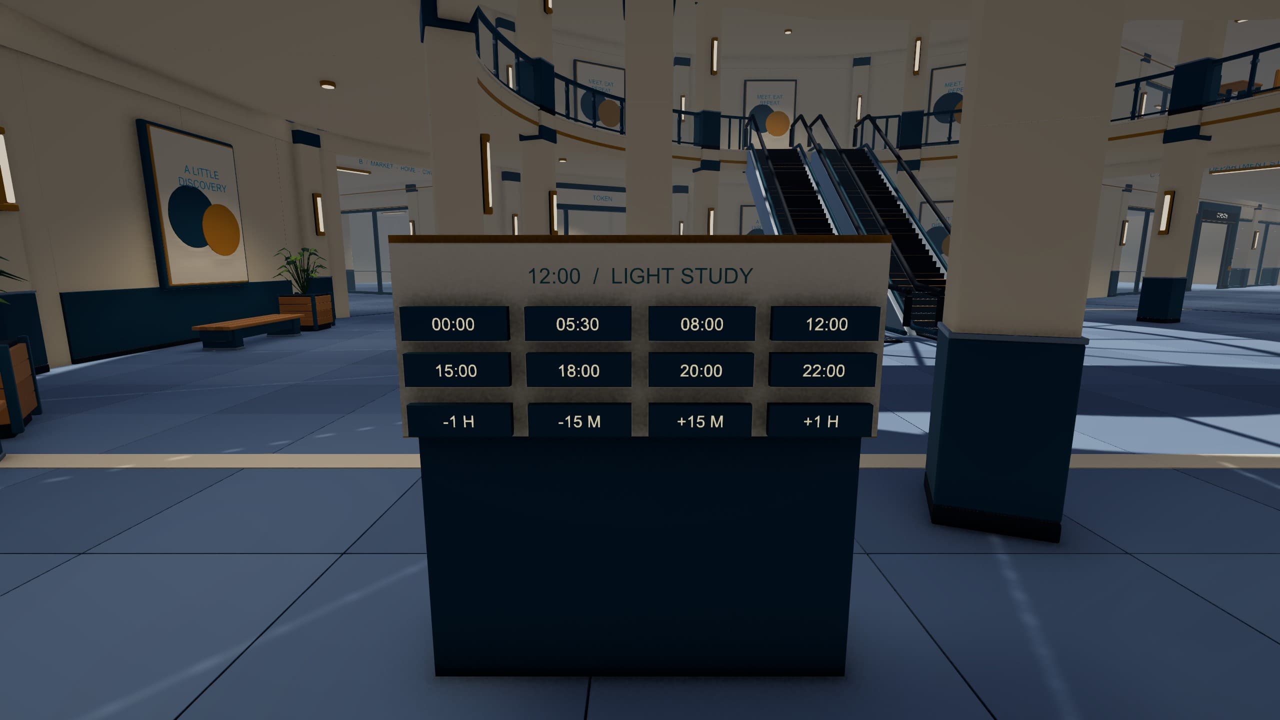Mallfunction v0.29.0 in-game capture: the time of day and adjustment buttons on a temporary test console in the atrium.