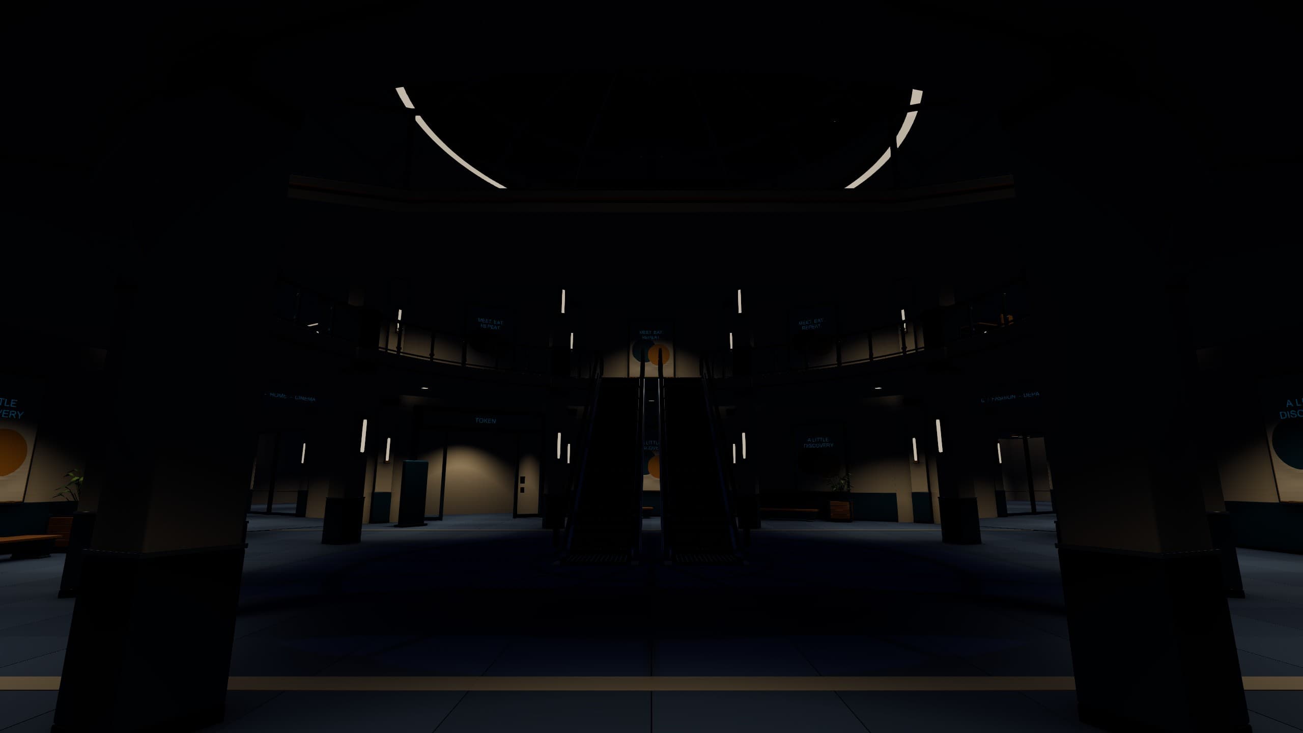Mallfunction v0.29.0 in-game capture: the same atrium view with a midnight sky and the mall lights still on.