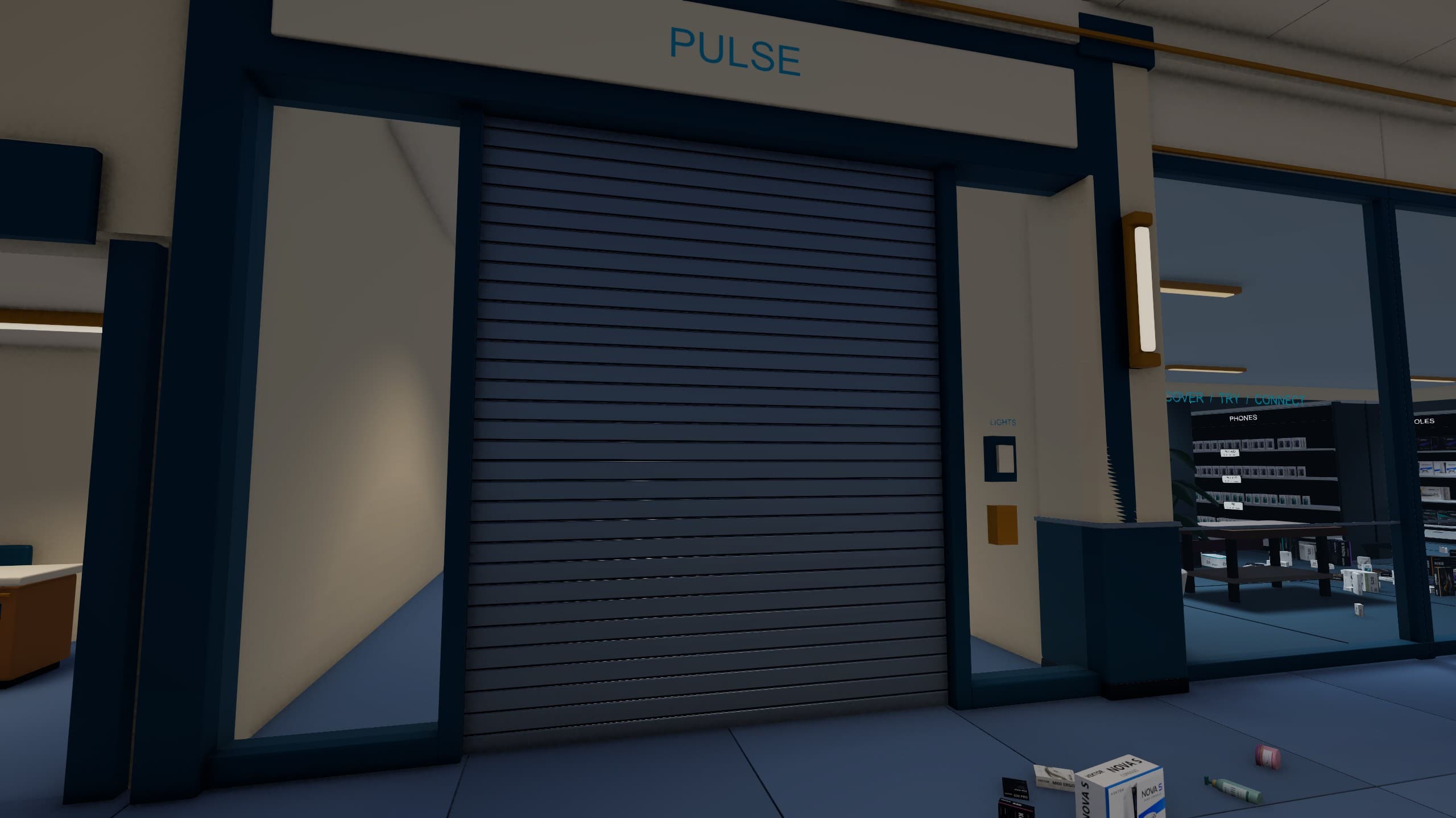 Mallfunction v0.29.0 in-game capture: a lowered shutter inside the door frame at the PULSE entrance.