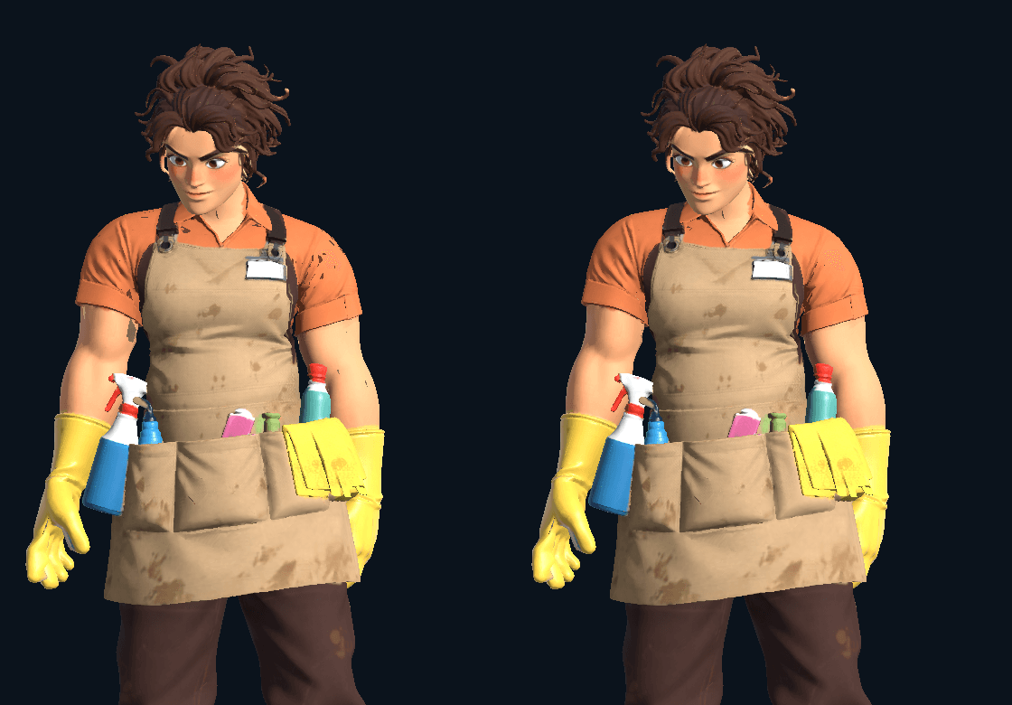 Editor surface review of Dana from the front in the same pose: dark marks from the previous material on the left, the corrected material on the right.