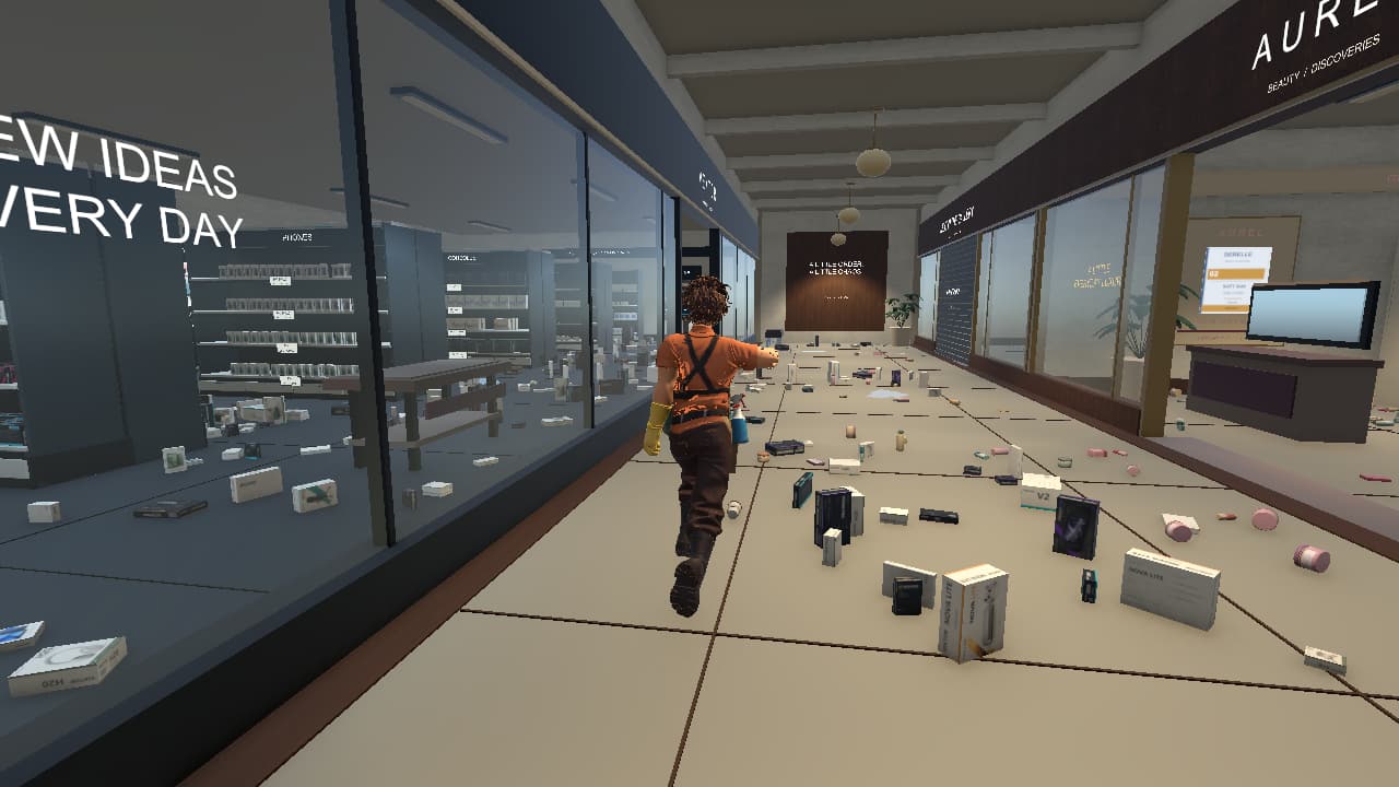 Development capture · v0.26.0. Dana waves while walking through the corridor, captured during movement checks in the Windows build.