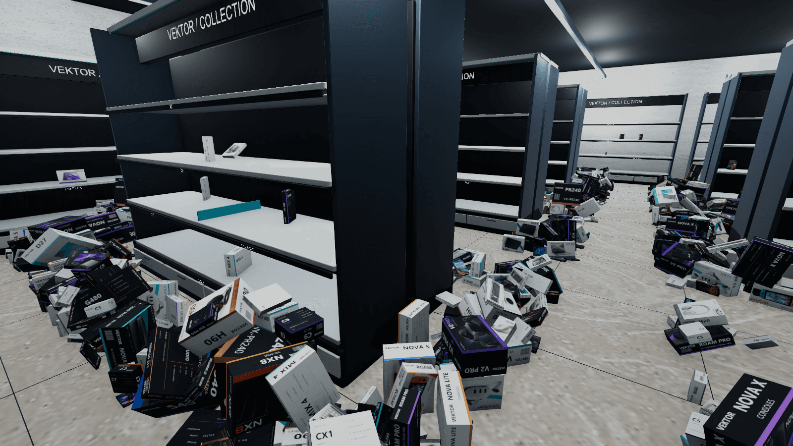 Loose electronics cartons and shelves in the VEKTOR V4 development scene.